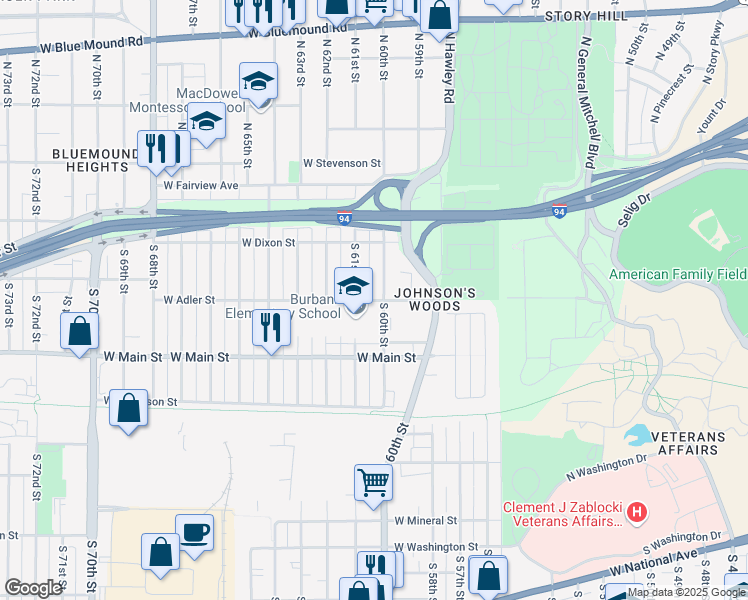 map of restaurants, bars, coffee shops, grocery stores, and more near 513 South 60th Street in Milwaukee