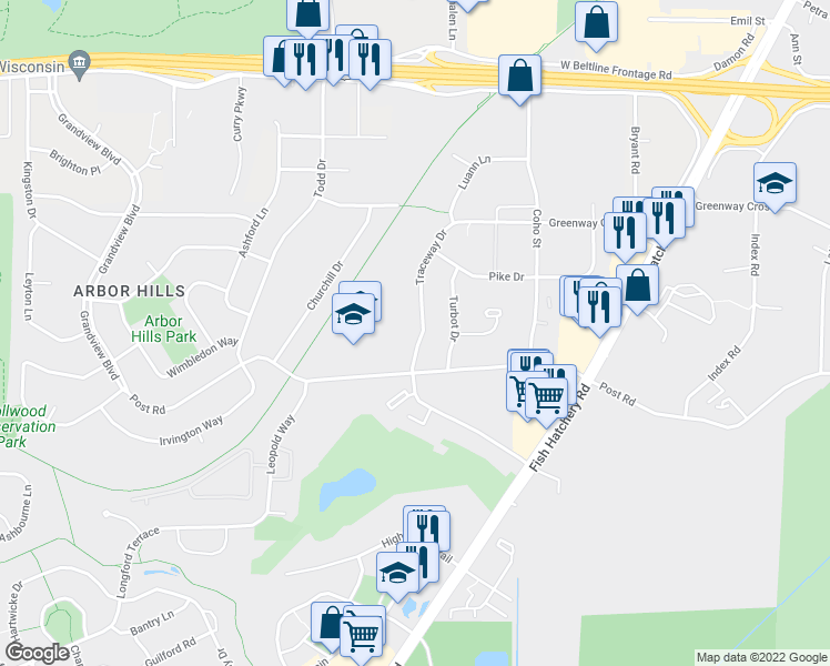 map of restaurants, bars, coffee shops, grocery stores, and more near 2946 Traceway Drive in Madison