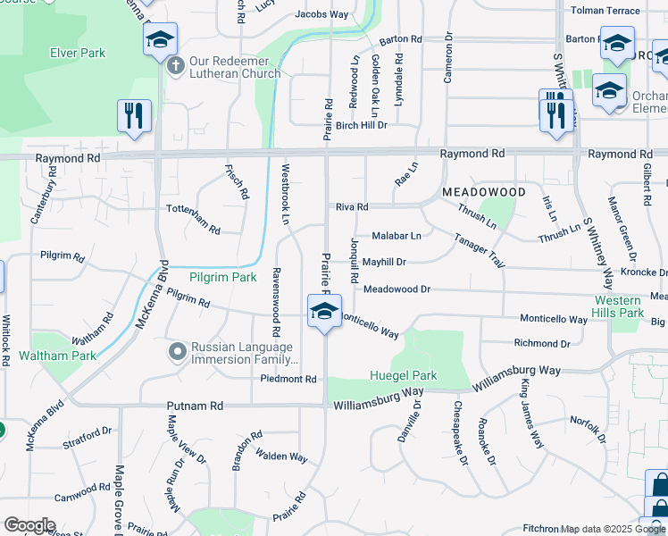 map of restaurants, bars, coffee shops, grocery stores, and more near 2305 Prairie Road in Madison