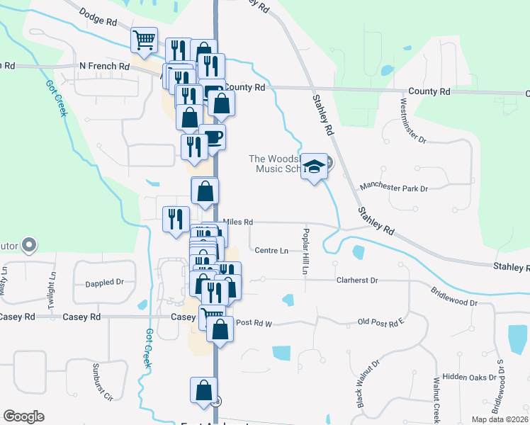 map of restaurants, bars, coffee shops, grocery stores, and more near 8060 Miles Road in East Amherst