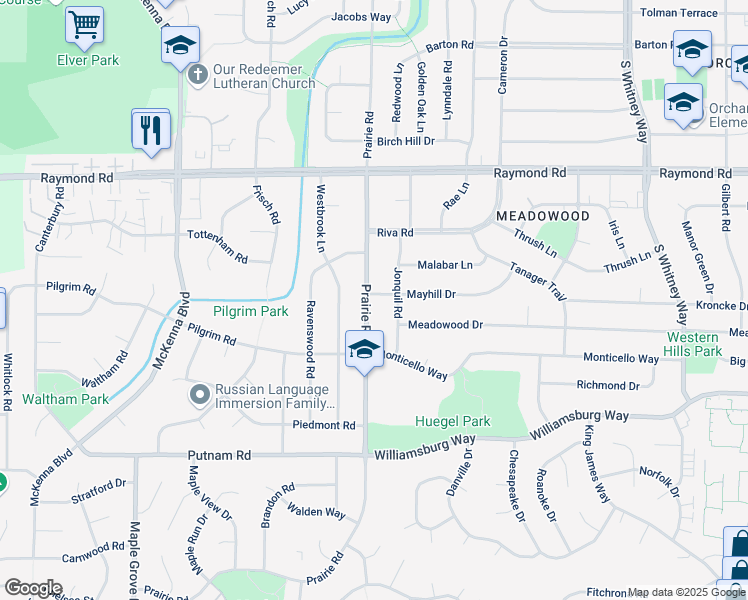 map of restaurants, bars, coffee shops, grocery stores, and more near 2305 Prairie Road in Madison