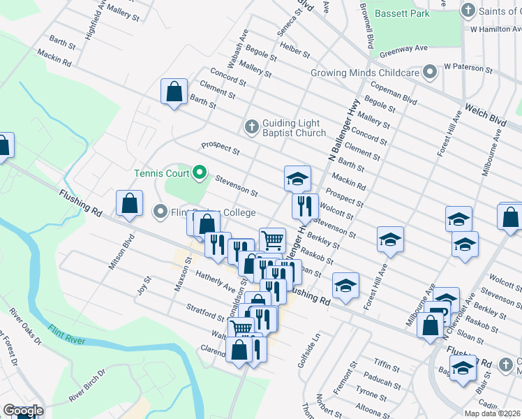 map of restaurants, bars, coffee shops, grocery stores, and more near 3015 Berkley Street in Flint