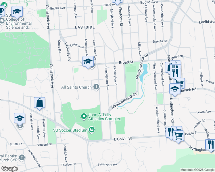 map of restaurants, bars, coffee shops, grocery stores, and more near Buckingham Avenue in Syracuse