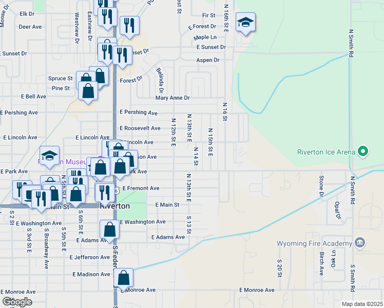 map of restaurants, bars, coffee shops, grocery stores, and more near 313 North 14 Street in Riverton