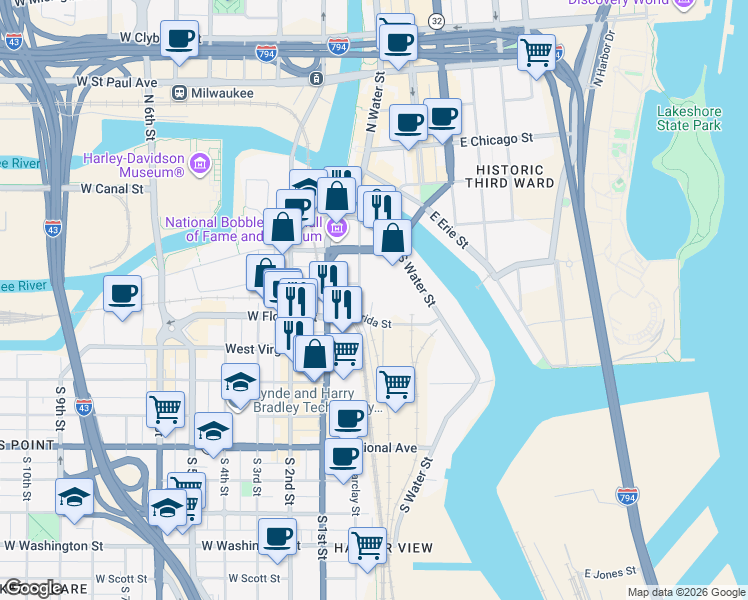 map of restaurants, bars, coffee shops, grocery stores, and more near 214 East Florida Street in Milwaukee