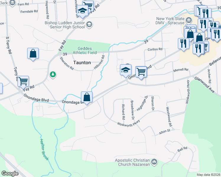 map of restaurants, bars, coffee shops, grocery stores, and more near 4470 Onondaga Boulevard in Syracuse