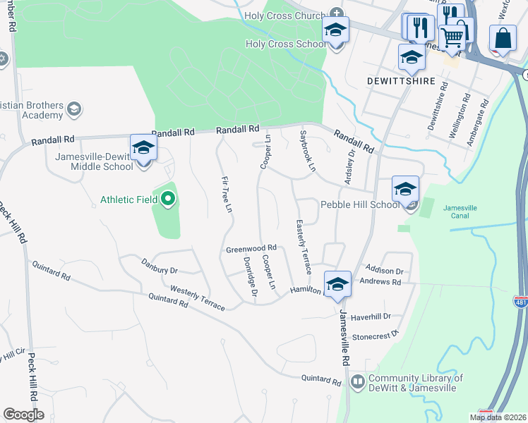 map of restaurants, bars, coffee shops, grocery stores, and more near 207 Cooper Lane in Syracuse