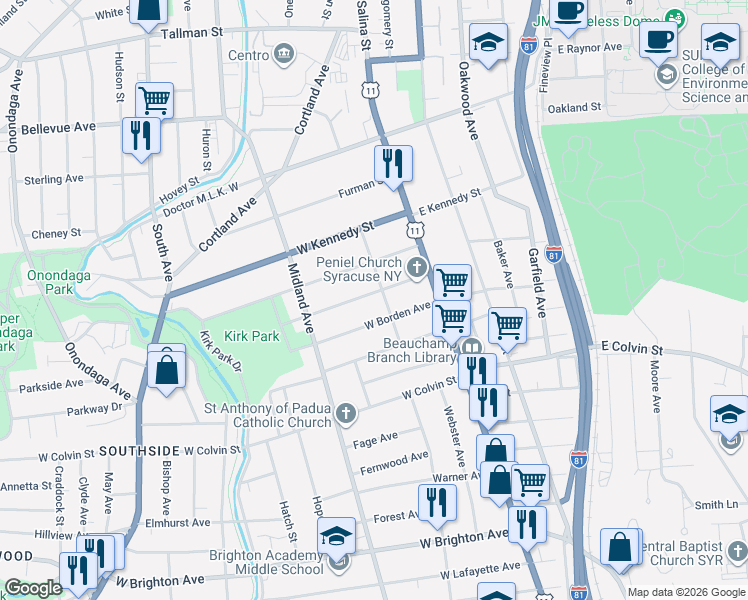 map of restaurants, bars, coffee shops, grocery stores, and more near 206 West Borden Avenue in Syracuse