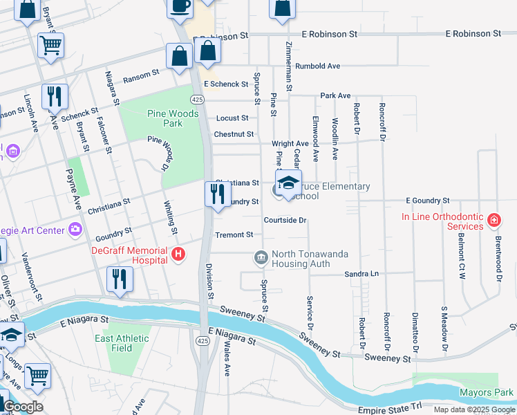 map of restaurants, bars, coffee shops, grocery stores, and more near 180 Spruce Street in North Tonawanda