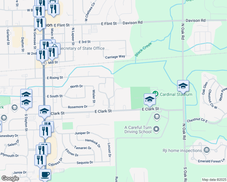 map of restaurants, bars, coffee shops, grocery stores, and more near 400 Stratford Square Boulevard in Davison