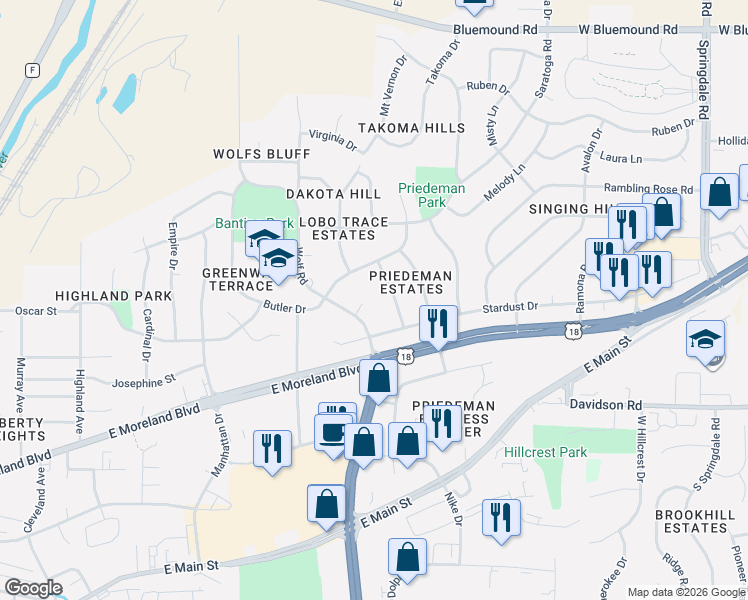 map of restaurants, bars, coffee shops, grocery stores, and more near 1705 Robin Court in Waukesha
