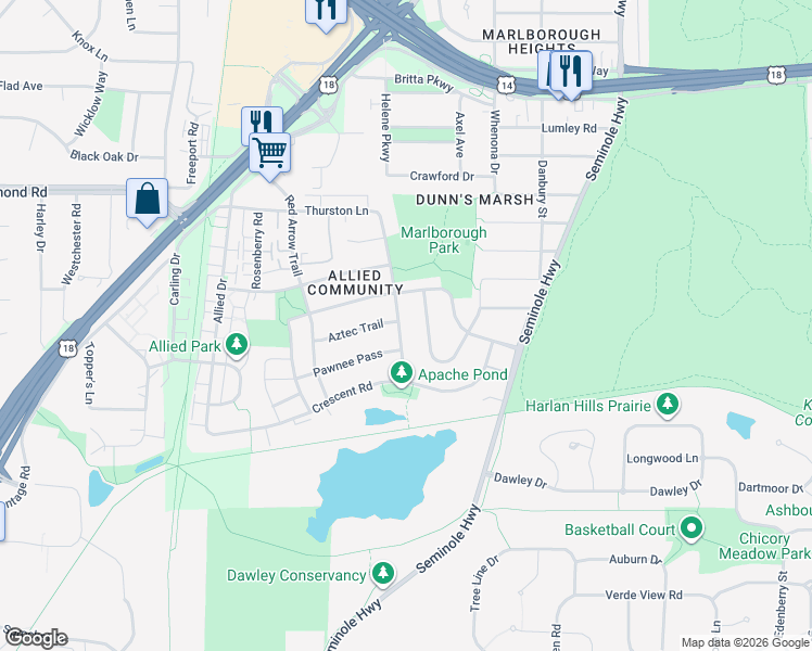 map of restaurants, bars, coffee shops, grocery stores, and more near 4502 Pawnee Pass in Fitchburg