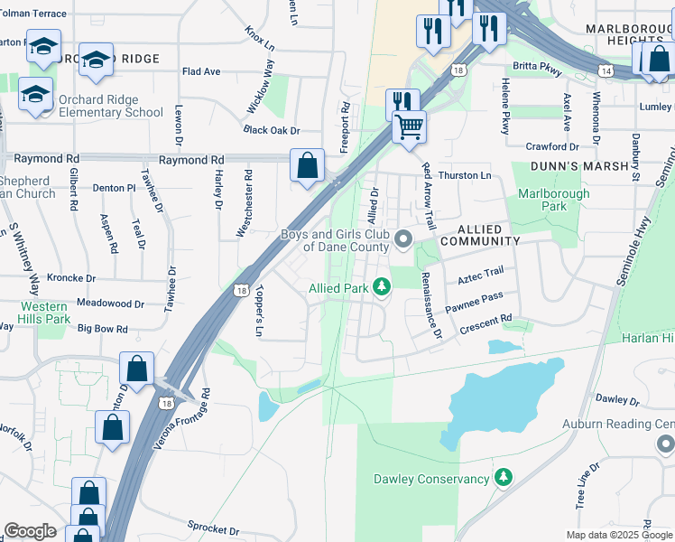 map of restaurants, bars, coffee shops, grocery stores, and more near 2329 Chalet Gardens Road in Madison