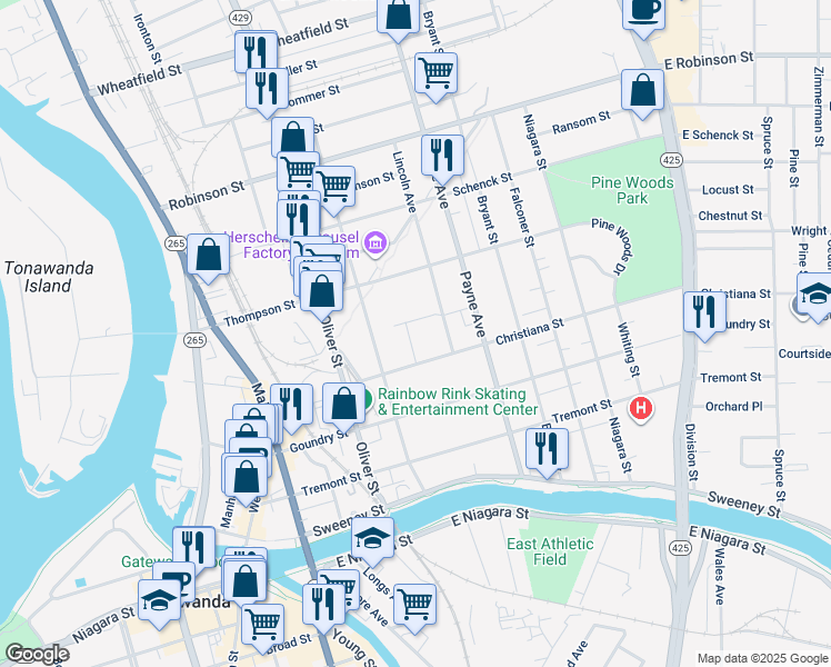 map of restaurants, bars, coffee shops, grocery stores, and more near 25 Grant Street in North Tonawanda