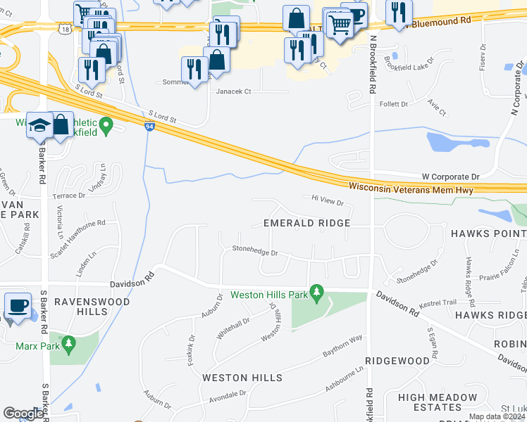 map of restaurants, bars, coffee shops, grocery stores, and more near 455 Hi View Drive in Brookfield