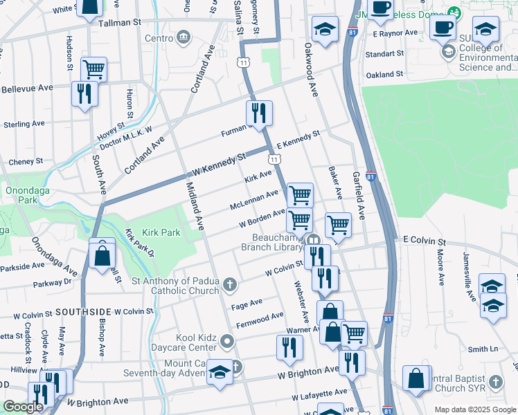 map of restaurants, bars, coffee shops, grocery stores, and more near 303-05 Landon Avenue in Syracuse