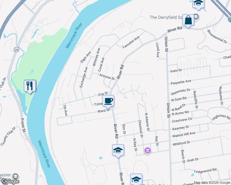 map of restaurants, bars, coffee shops, grocery stores, and more near 1431 River Road in Manchester