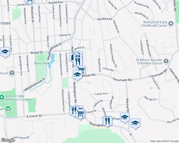 map of restaurants, bars, coffee shops, grocery stores, and more near 103 Croyden Lane in Syracuse