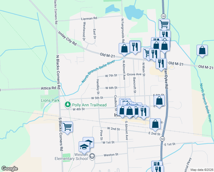 map of restaurants, bars, coffee shops, grocery stores, and more near 245 West 6th Street in Imlay City