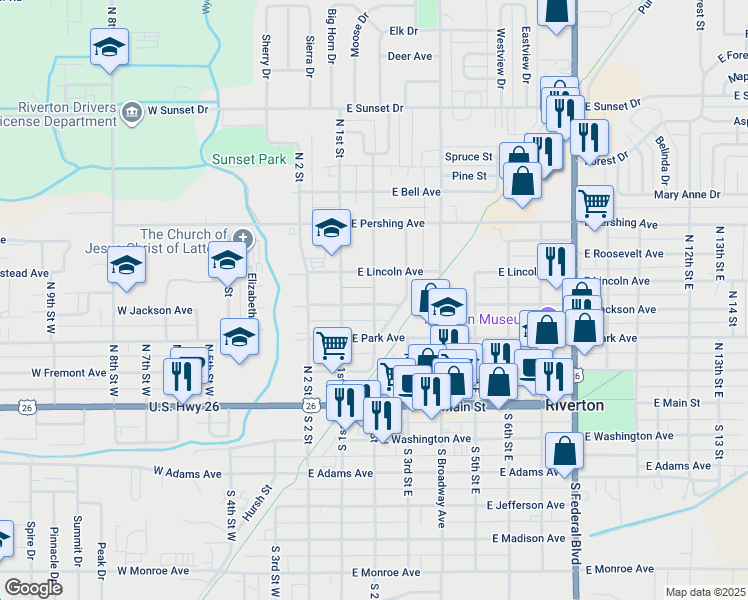 map of restaurants, bars, coffee shops, grocery stores, and more near 215 East Jackson Avenue in Riverton