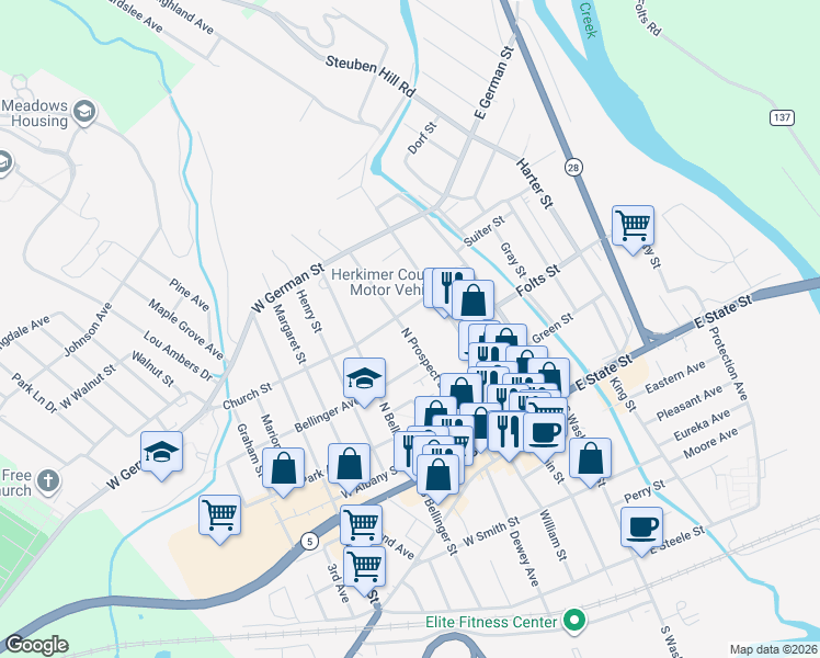 map of restaurants, bars, coffee shops, grocery stores, and more near 308 North Prospect Street in Herkimer