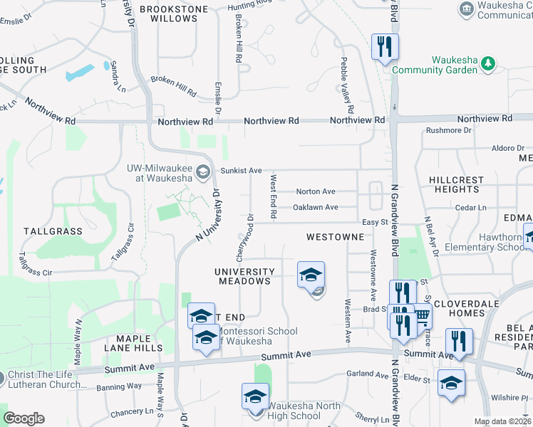 map of restaurants, bars, coffee shops, grocery stores, and more near 2227 Easy Street in Waukesha