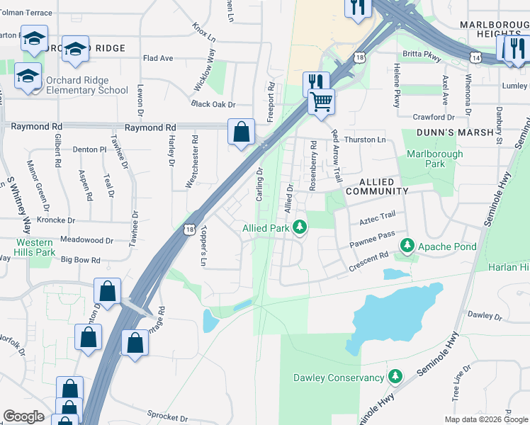 map of restaurants, bars, coffee shops, grocery stores, and more near 2329 Chalet Gardens Road in Madison