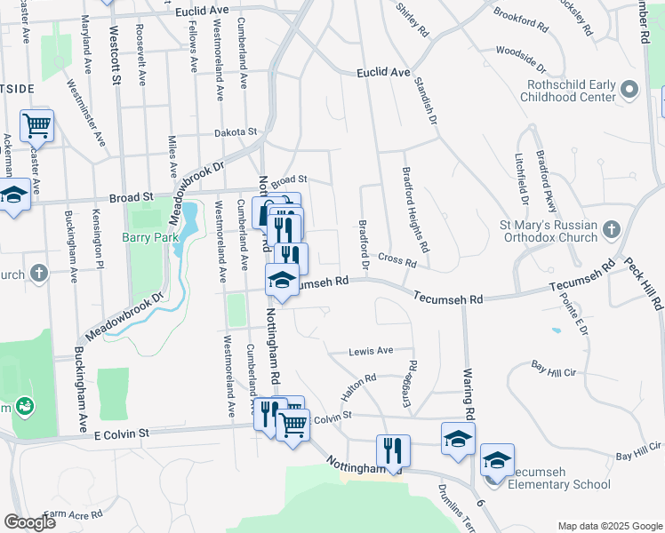 map of restaurants, bars, coffee shops, grocery stores, and more near 101 Croyden Lane in Syracuse