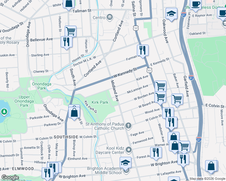 map of restaurants, bars, coffee shops, grocery stores, and more near in Syracuse