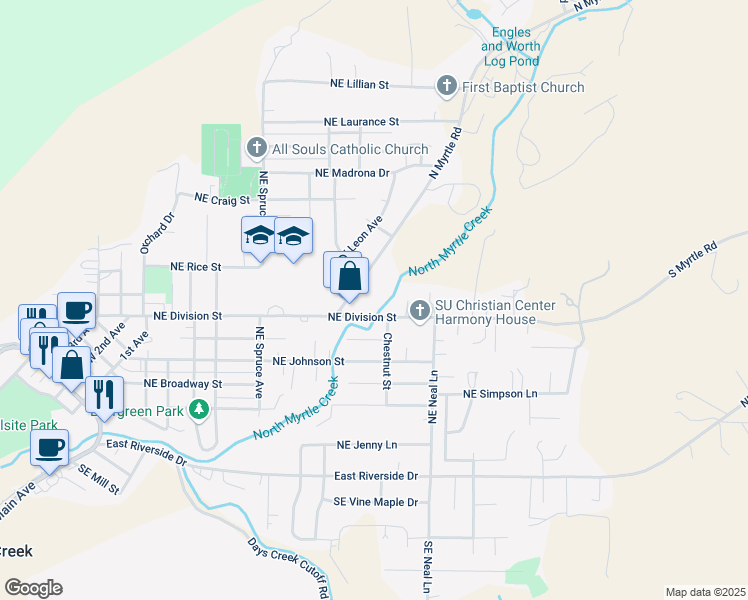 map of restaurants, bars, coffee shops, grocery stores, and more near 536 Chestnut Street in Myrtle Creek