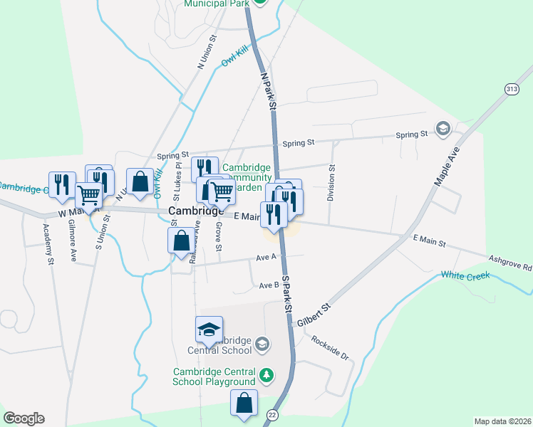 map of restaurants, bars, coffee shops, grocery stores, and more near 40 East Main Street in Cambridge
