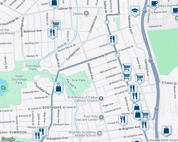map of restaurants, bars, coffee shops, grocery stores, and more near in Syracuse