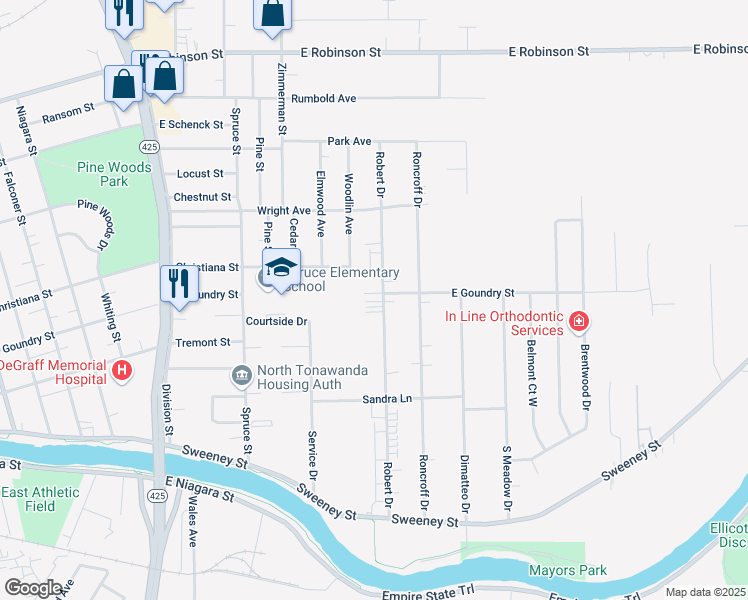 map of restaurants, bars, coffee shops, grocery stores, and more near 268 Robert Drive in North Tonawanda