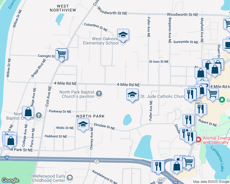 map of restaurants, bars, coffee shops, grocery stores, and more near 1024 4 Mile Road Northeast in Grand Rapids