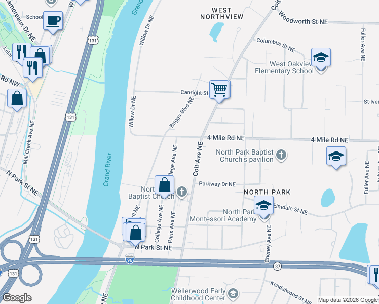 map of restaurants, bars, coffee shops, grocery stores, and more near 3526 College Avenue Northeast in Grand Rapids