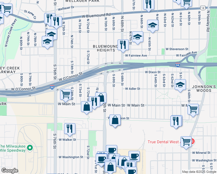 map of restaurants, bars, coffee shops, grocery stores, and more near 439 South 69th Street in Milwaukee