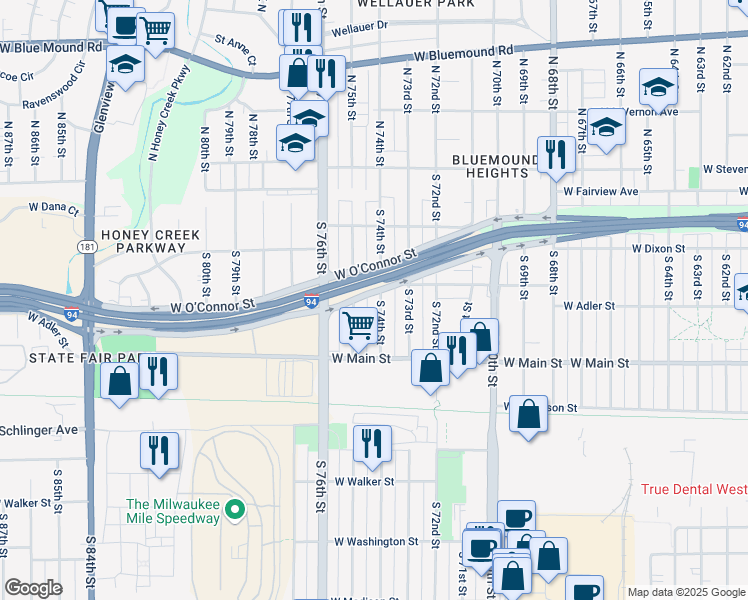 map of restaurants, bars, coffee shops, grocery stores, and more near 445 South 74th Street in Milwaukee