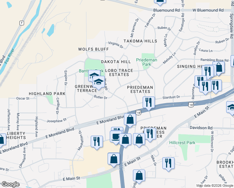 map of restaurants, bars, coffee shops, grocery stores, and more near 1822 Wolf Road in Waukesha