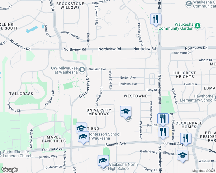 map of restaurants, bars, coffee shops, grocery stores, and more near 2227 Easy Street in Waukesha