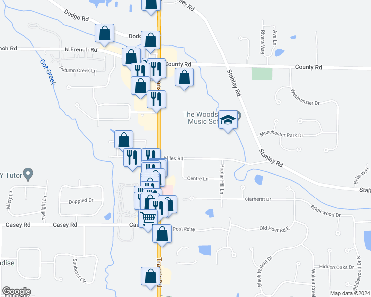 map of restaurants, bars, coffee shops, grocery stores, and more near 8060 Miles Road in East Amherst