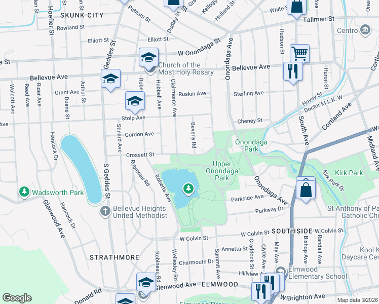 map of restaurants, bars, coffee shops, grocery stores, and more near 202 Crossett Street in Syracuse