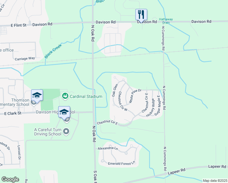 map of restaurants, bars, coffee shops, grocery stores, and more near 158 Oak Glen in Davison