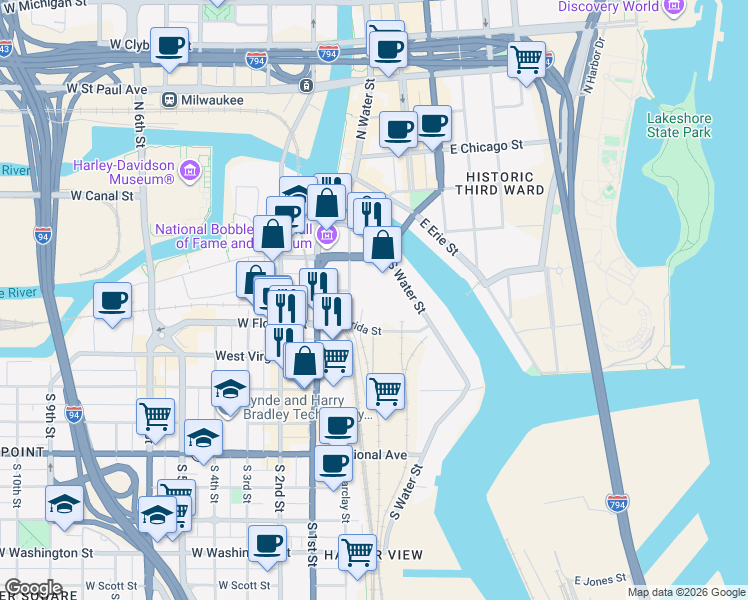 map of restaurants, bars, coffee shops, grocery stores, and more near 221 East Oregon Street in Milwaukee