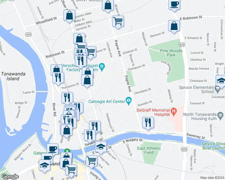 map of restaurants, bars, coffee shops, grocery stores, and more near 35 Grant Street in North Tonawanda
