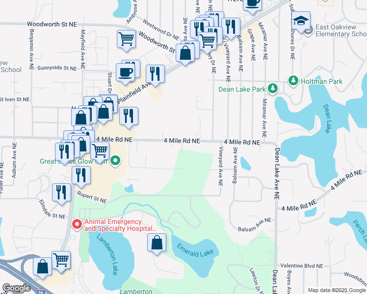 map of restaurants, bars, coffee shops, grocery stores, and more near 1844 4 Mile Road Northeast in Grand Rapids