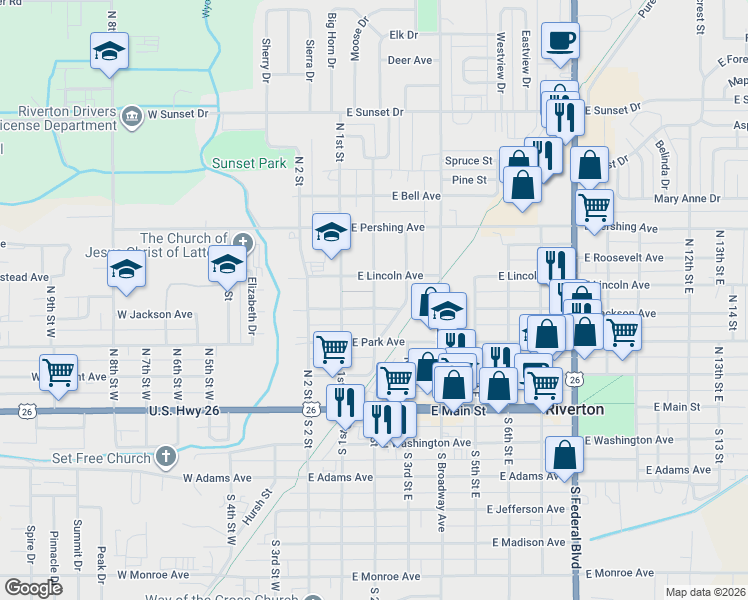 map of restaurants, bars, coffee shops, grocery stores, and more near 215 East Jackson Avenue in Riverton