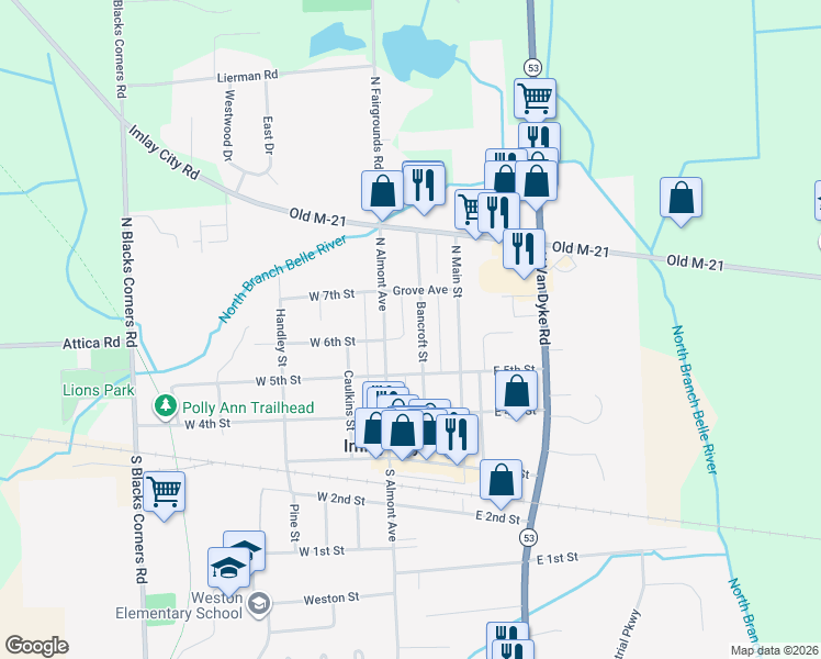 map of restaurants, bars, coffee shops, grocery stores, and more near 421 Bancroft Street in Imlay City