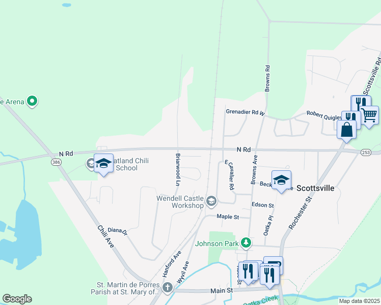 map of restaurants, bars, coffee shops, grocery stores, and more near 695 North Road in Scottsville