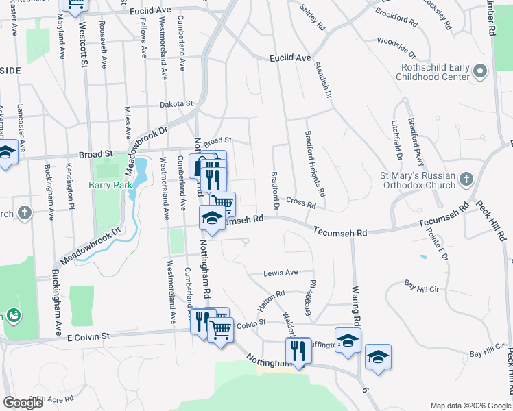 map of restaurants, bars, coffee shops, grocery stores, and more near 117 Croyden Lane in Syracuse