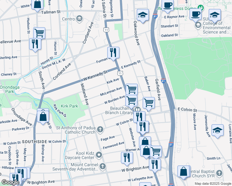map of restaurants, bars, coffee shops, grocery stores, and more near 121 West Borden Avenue in Syracuse